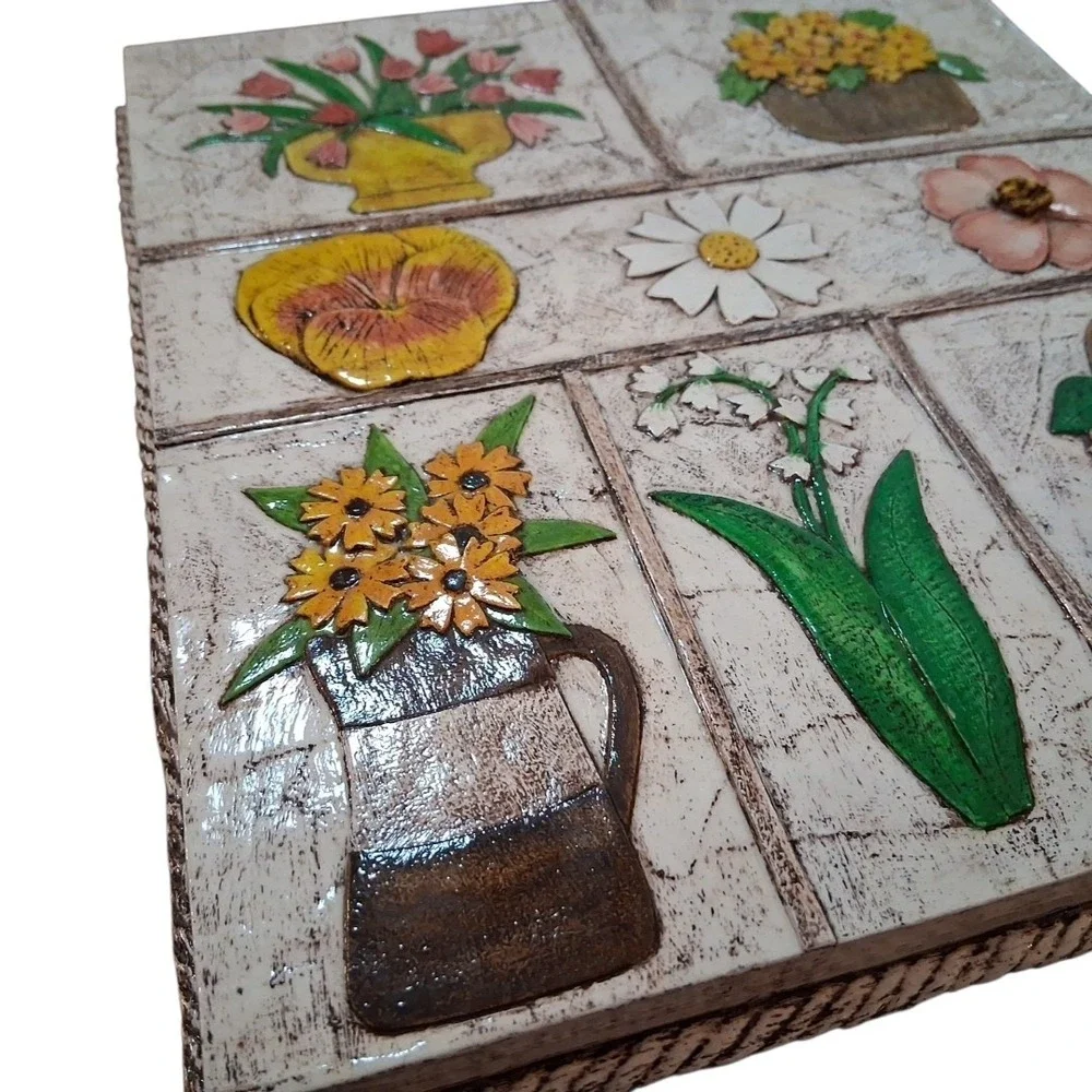 Vtg Shabby Chic Unique  Handmade Flower Wall Hanging Rope Trim 10x10 Signed 1978